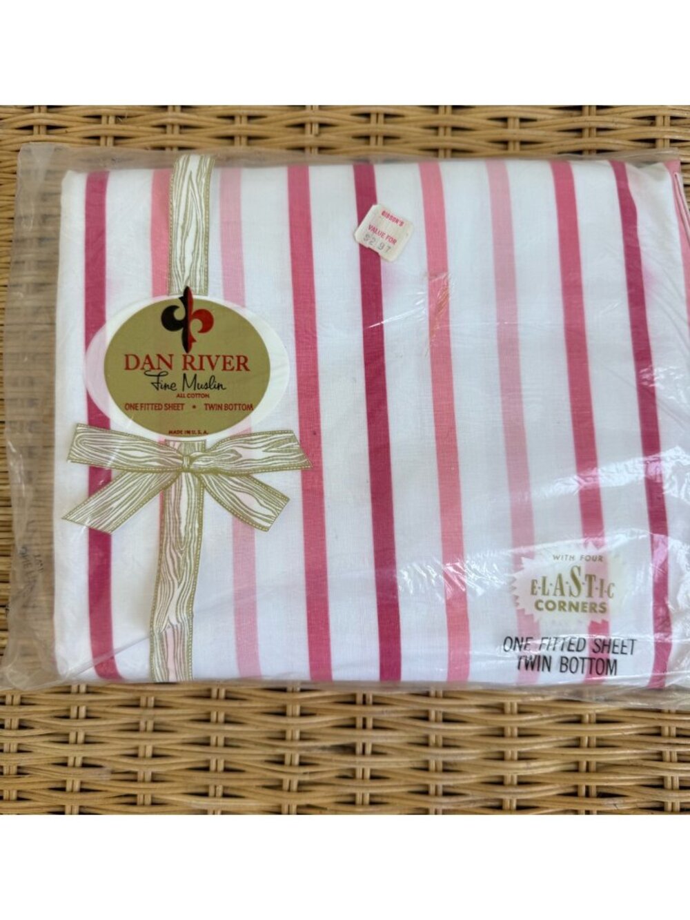 Vintage 60s Dan River Cotton Pink Stripe Twin Fitted Sheet NOS